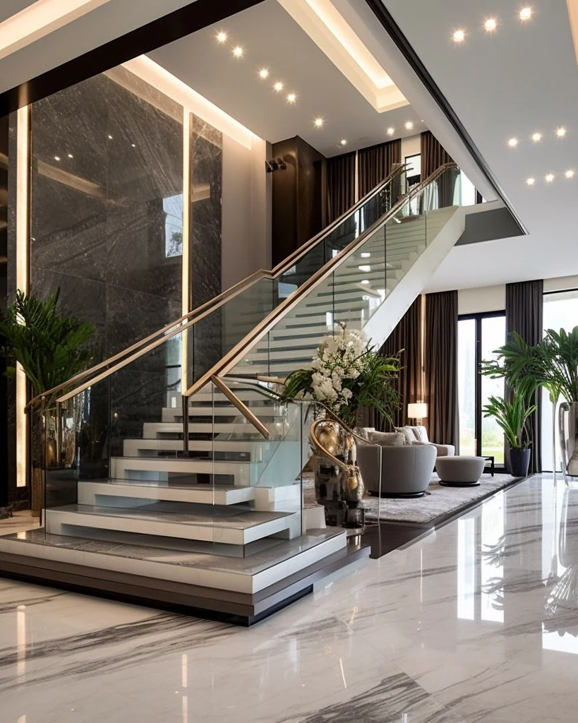 Luxury interior with a glass and marble staircase