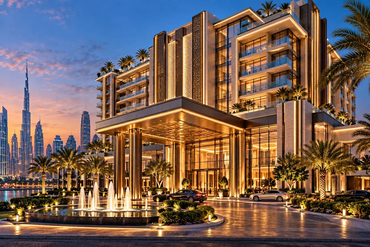 Luxury hotel entrance with fountains at dusk
